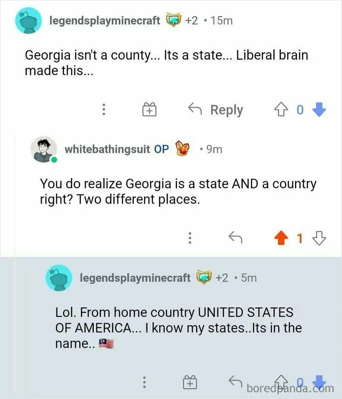 A cringey Reddit argument about geography where a user insists Georgia is only a state and not a country.