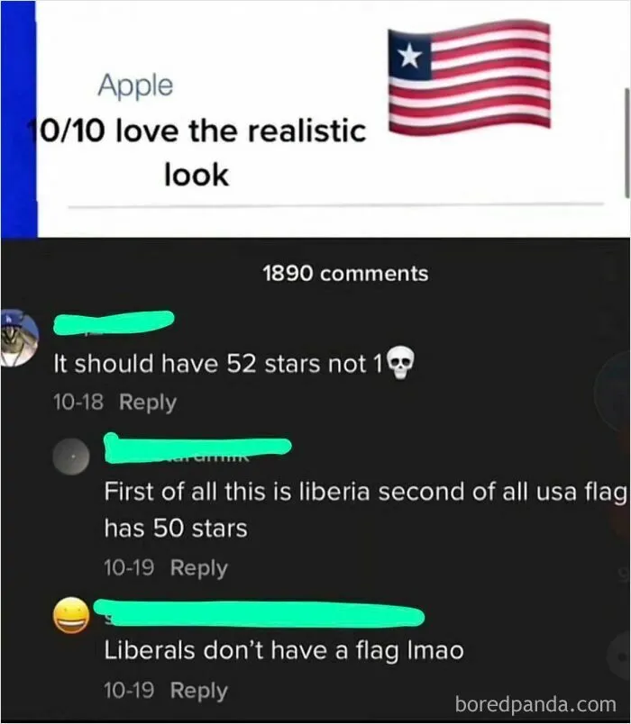 A cringey social media comment section arguing about flags, incorrectly thinking Liberia is the US flag.
