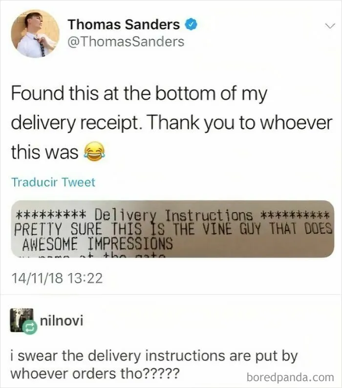 Twitter post of a cringe moment where a user mistakenly praises their own delivery instructions.