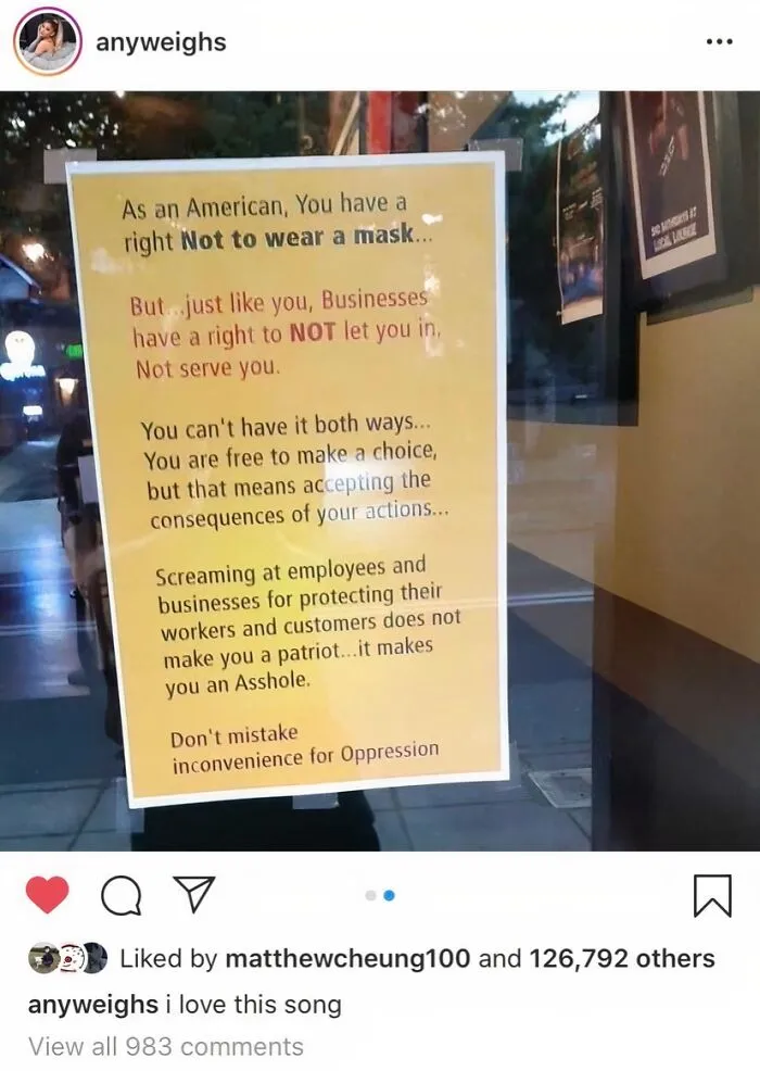 A window sign explaining store rights to counter entitled Karen behavior regarding masks.
