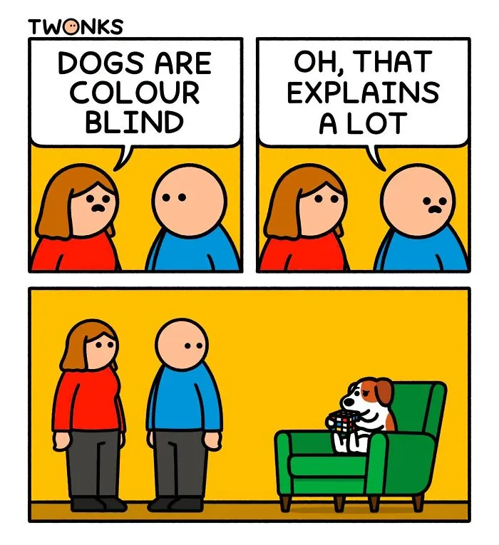 Funny comic by Steve Nelson about color blind dogs trying to solve a Rubik's cube.