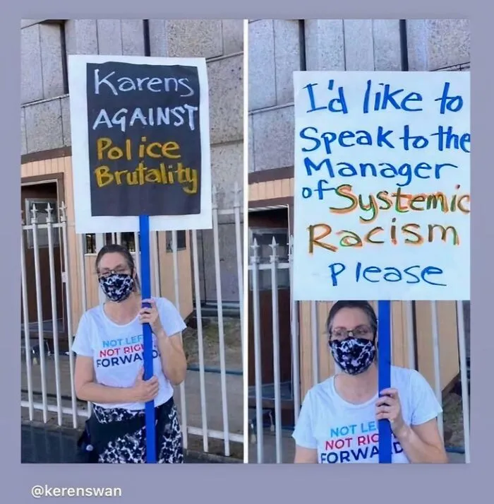Woman holding a sign reading Karens Against Police Brutality at a protest