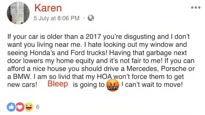 A social media post illustrating unreasonable Karen behavior regarding neighbors car models.