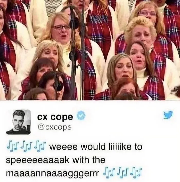Meme featuring a choir singing about wanting to speak with the manager, highlighting typical Karen behavior.