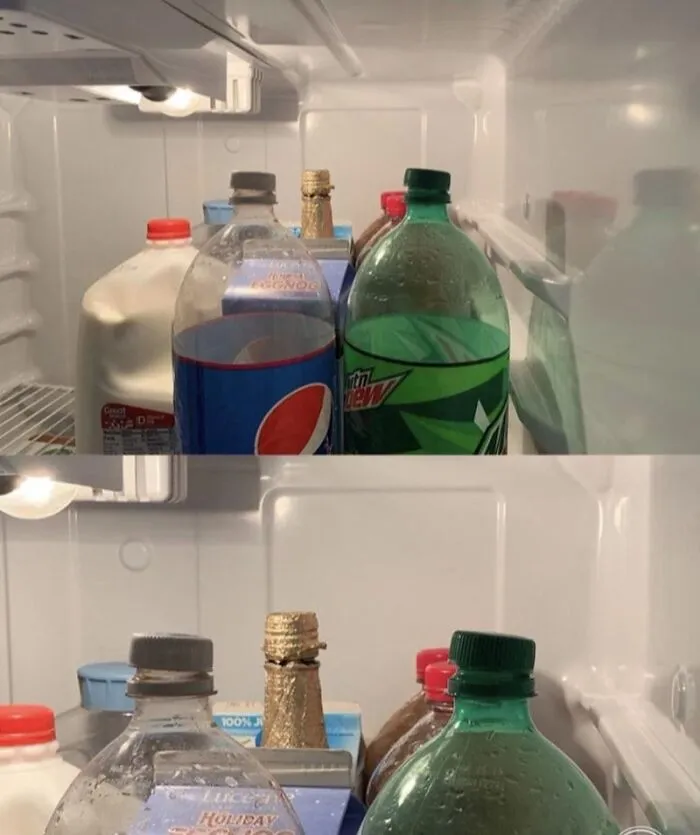 Close-up of plastic beverage bottles and milk cartons inside a refrigerator, shared in roommate stories.