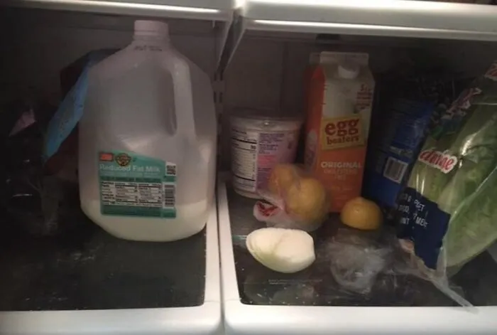 A half-used onion placed directly on a refrigerator shelf, highlighting messy roommate stories of food storage