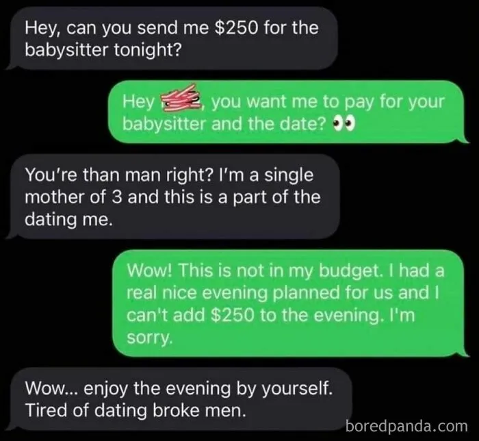 Awkward and cringe-inducing text message exchange between two people discussing date budget details.