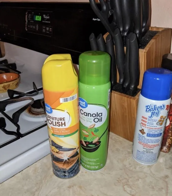 Furniture polish kept right next to cooking oil and baking spray, highlighting careless roommate stories.