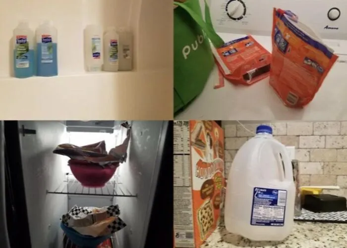 Four panels showing chaotic household items, depicting typical roommate stories about living with others