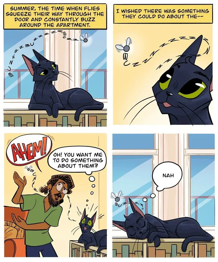 Funny comic about life with two black cats depicting a cat ignoring a buzzing fly in the apartment.