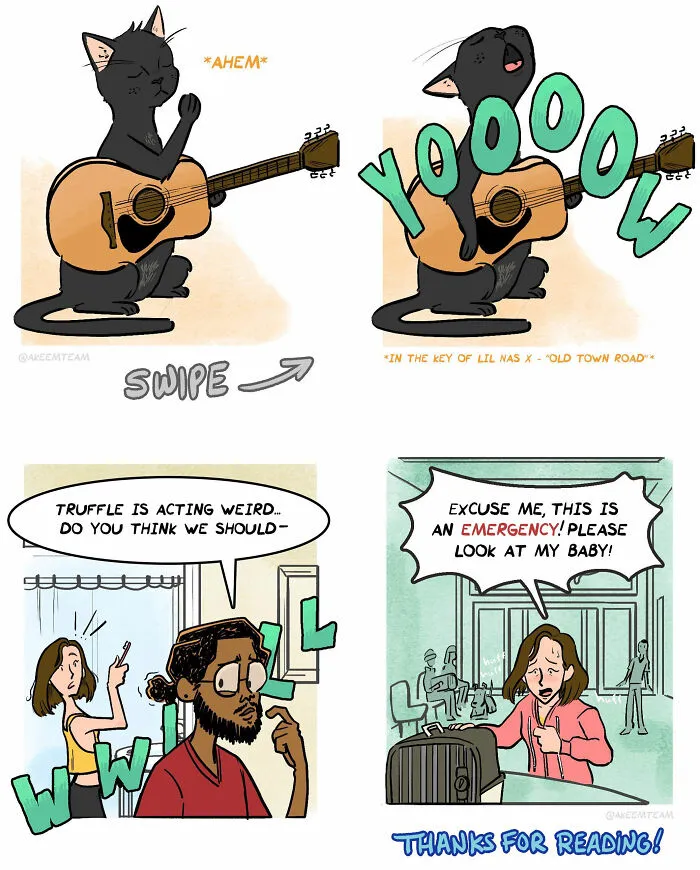Funny comic about life with two black cats showing a cat playing guitar and a panic at the vet clinic.