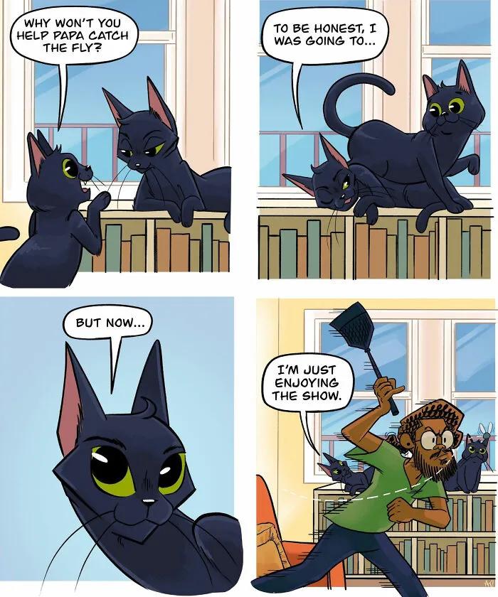 Funny comics strip showing a man trying to catch a fly while two black cats watch