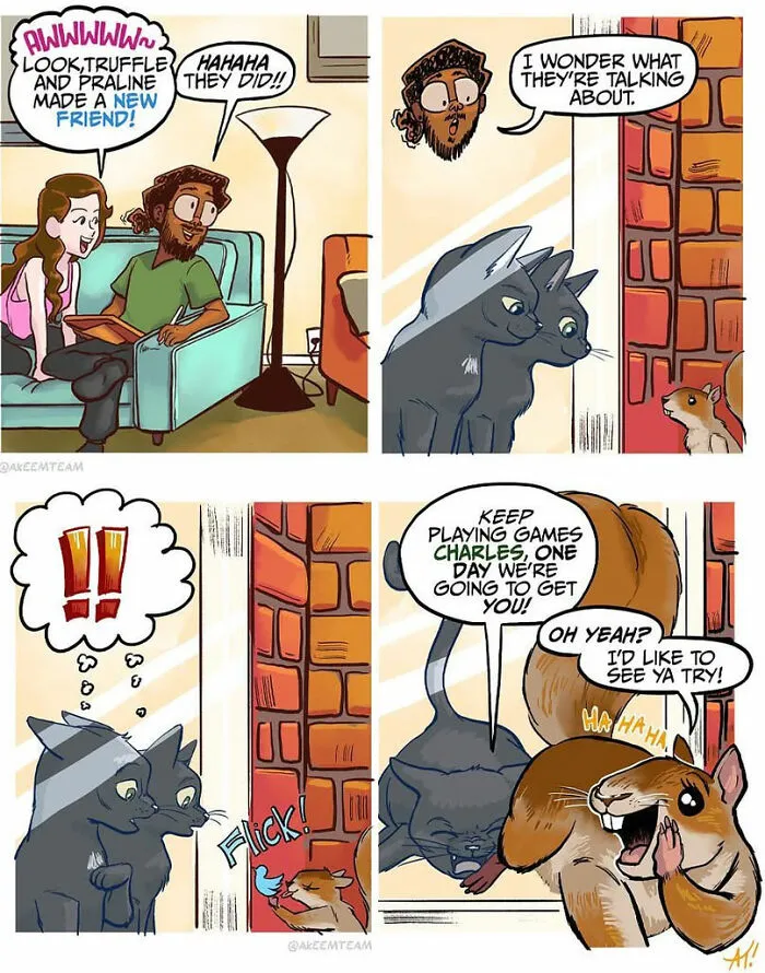 Funny comics panel of two black cats talking to a cheeky squirrel outside