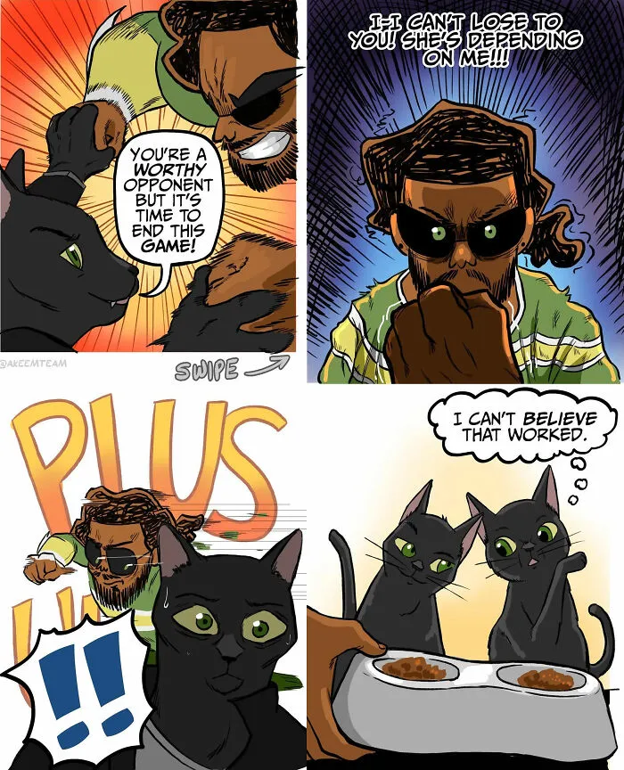 Funny comics about life with two black cats tricking their owner into giving them food using dramatic poses.