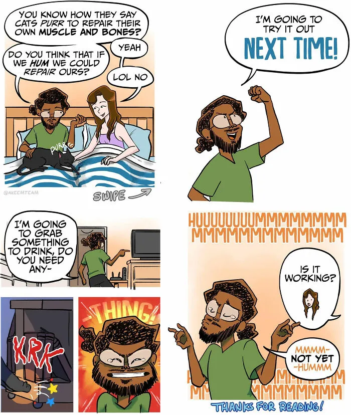 Funny comics about life with a boyfriend trying to heal himself like a purring cat.