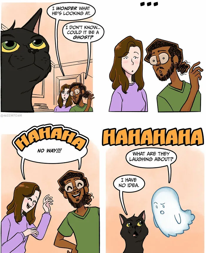 Funny comics about life with a girlfriend, boyfriend, and a ghost talking to their black cat.