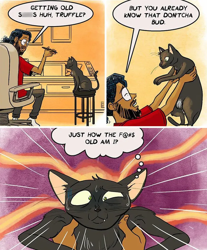 Man talking to his cat in funny comics about life with his girlfriend and two black cats.