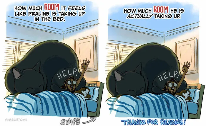 Funny comics about life with his girlfriend and two black cats depicting a giant cat taking over the bed.