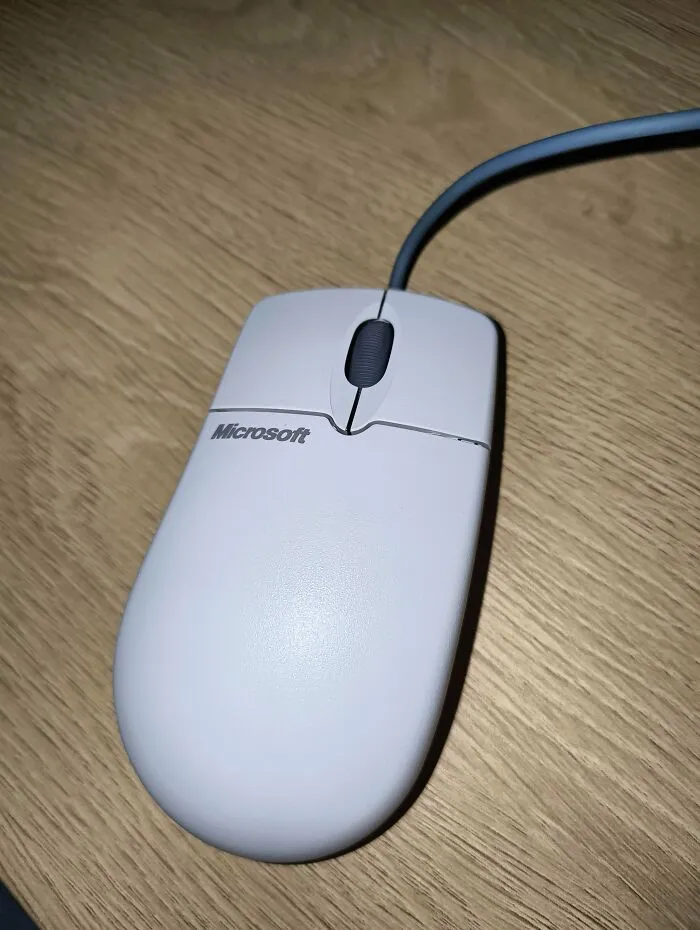 An old-school grey Microsoft computer mouse, highlighting vintage tech finds