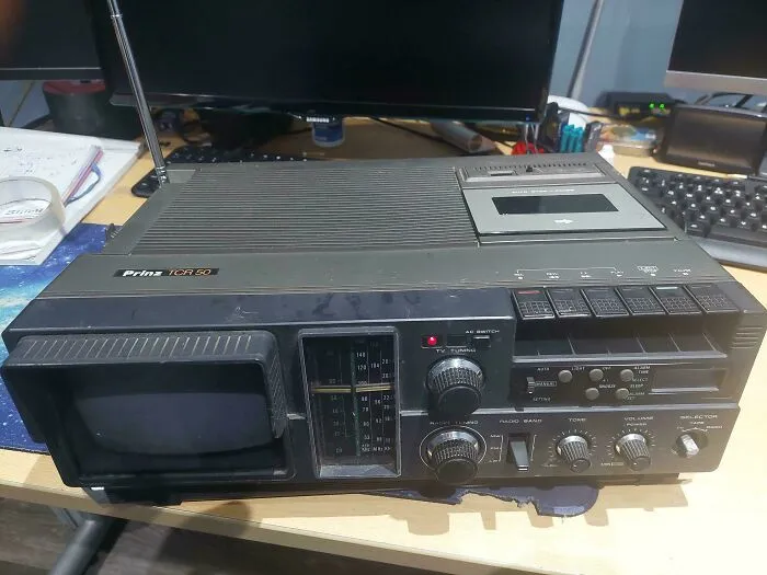 A Prinz TCR 50 boombox with an integrated small TV screen and cassette player, showcasing vintage tech finds
