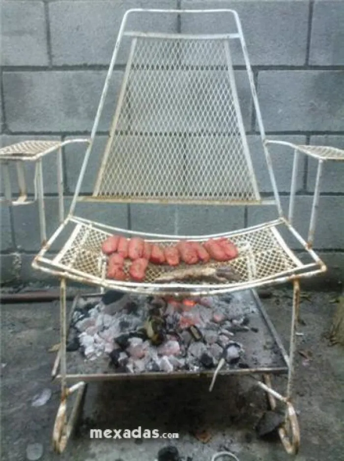 Redneck fixes showing hot dogs grilling on a repurposed metal patio chair over burning hot coals.