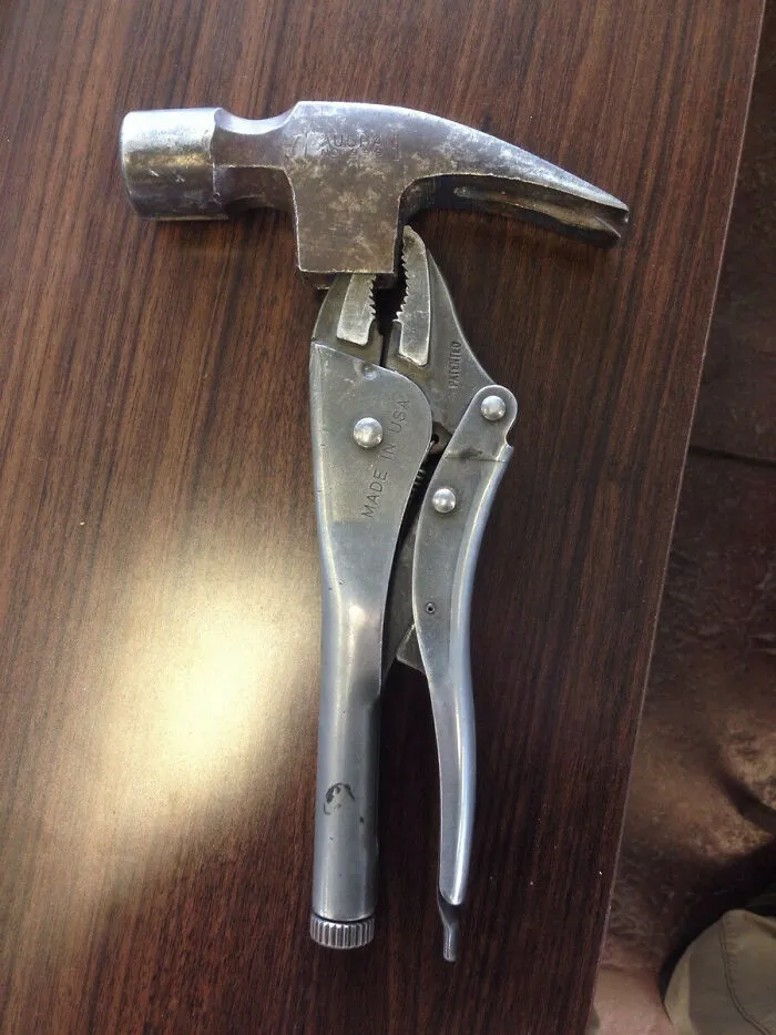 Redneck fixes showing locking pliers clamped onto a hammer head to extend the handle.