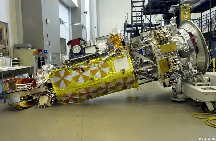 A multi-million dollar satellite tipped over on its side, a classic of expensive accidents.
