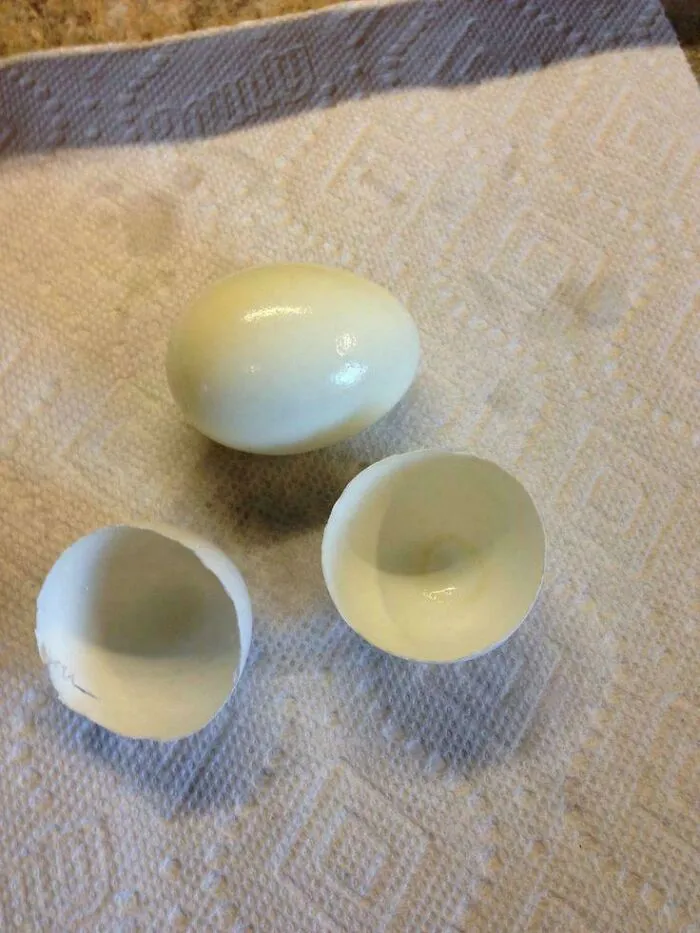 A perfectly peeled boiled egg next to its shell halves, showing clever ideas for cooking