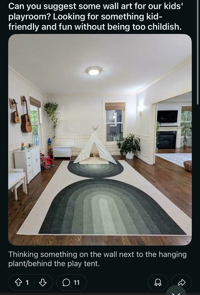 Interior design decisions gone wrong in a playroom with a large arch carpet and play tent.
