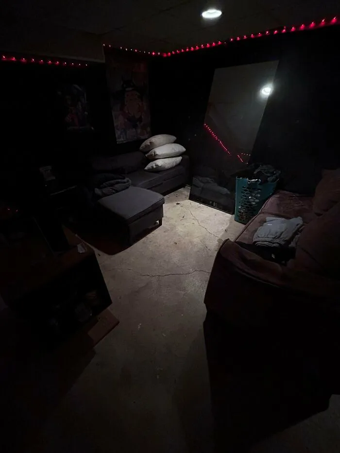 Dark and cluttered basement room showing questionable interior design decisions
