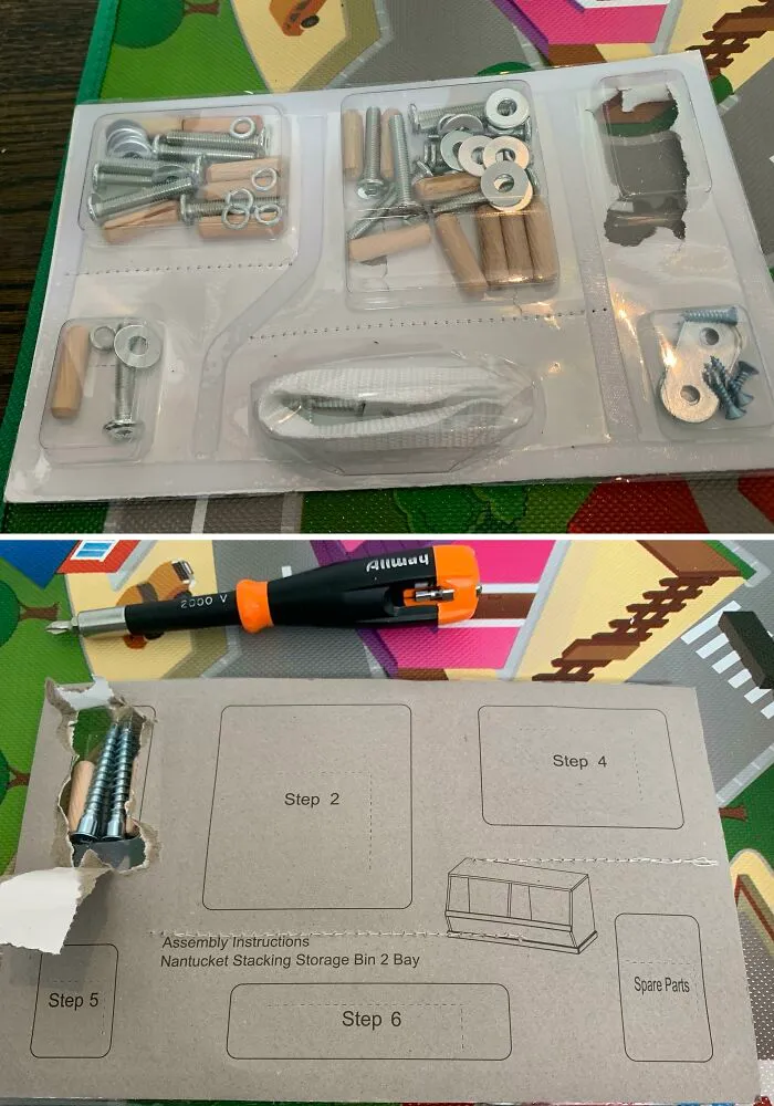 An easy furniture assembly kit organized by steps, demonstrating clever ideas for people.