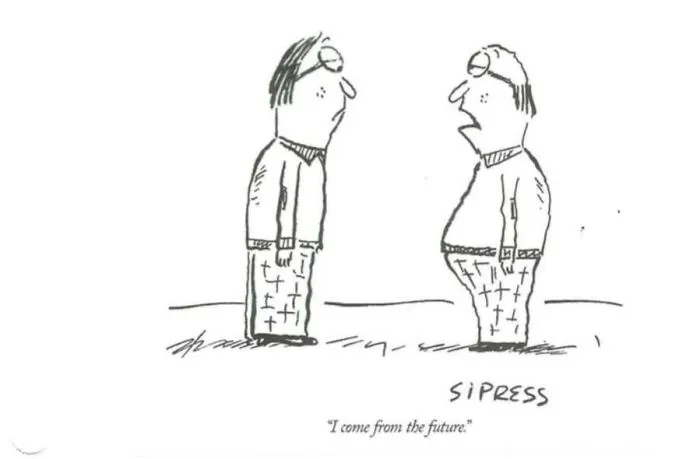 A New Yorker cartoon showing two men in pajamas looking at each other as one says he is from the future