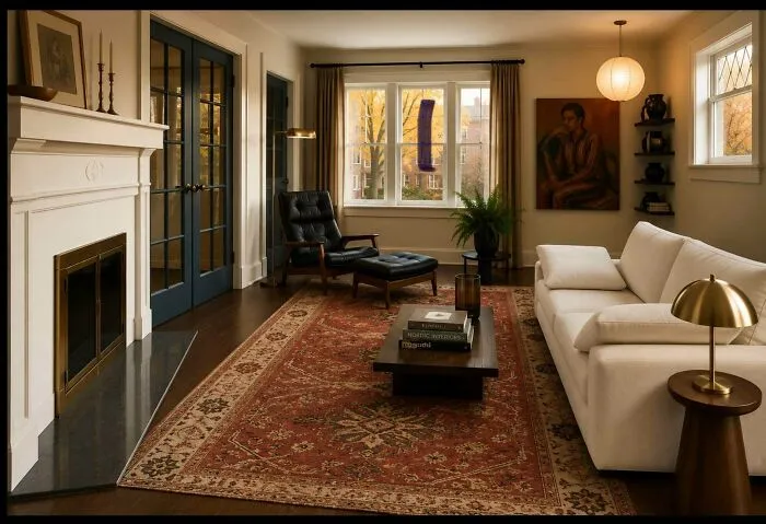 Warmly lit living room displaying an elegant interior design setup with cozy furniture.