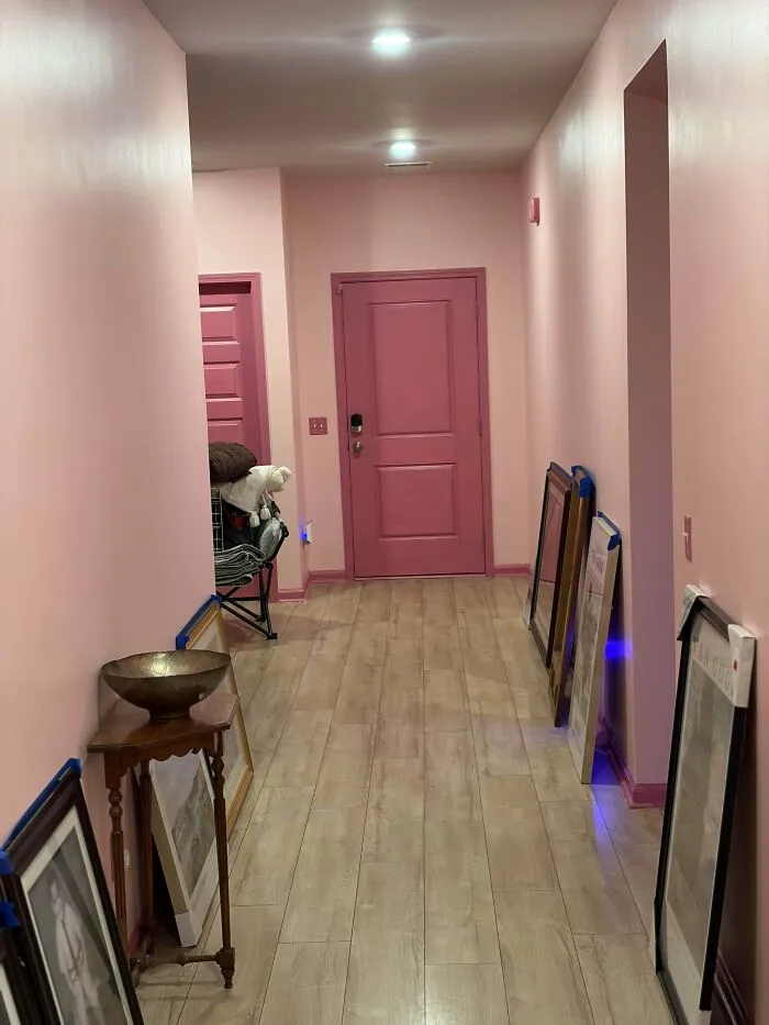 Bright hallway illustrating a bold pink interior design choice for the walls and door.