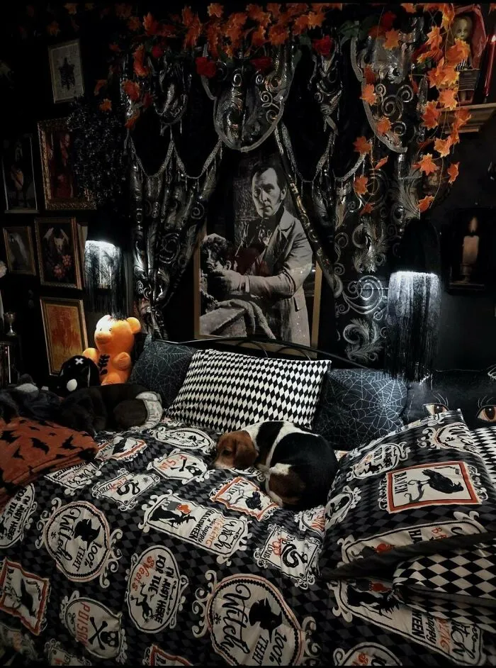 Dark gothic bedroom setup showcasing a unique Halloween-themed interior design.