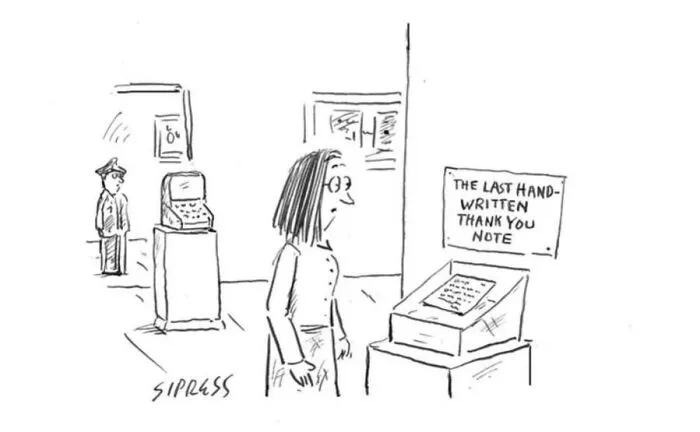 A New Yorker veteran cartoon depicting a woman looking at the last handwritten thank you note in a museum