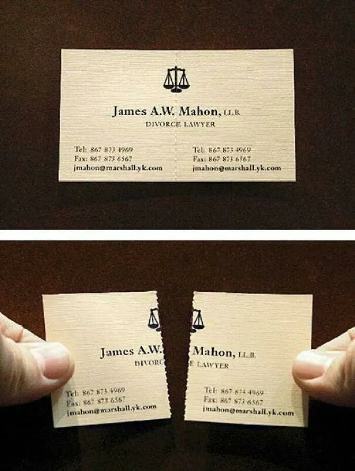 A clever divorce lawyer business card designed to tear in half, a satisfying and clever idea.