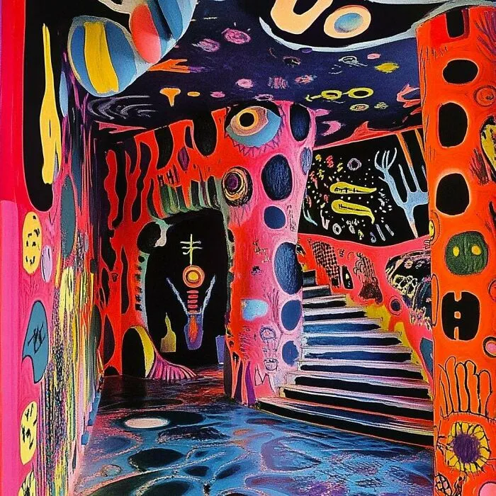 Psychedelic interior design featuring vibrant hand painted wall murals and stairs.