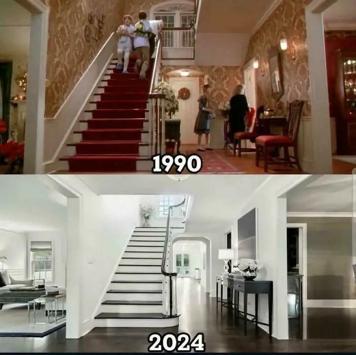 Side-by-side photo comparison of a warm 1990 entryway and a modern white 2024 hall in interior design decisions.