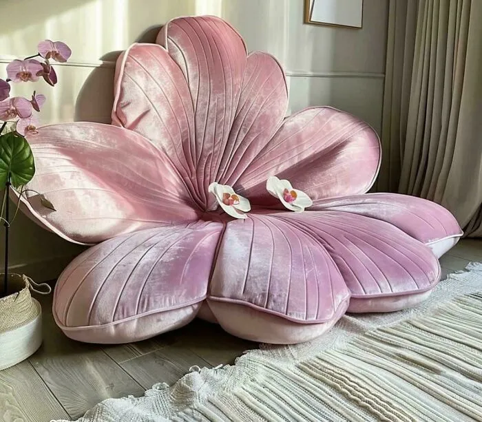 Large pink flower-shaped velvet floor cushion resting on a rug as unique interior design decisions in a room.
