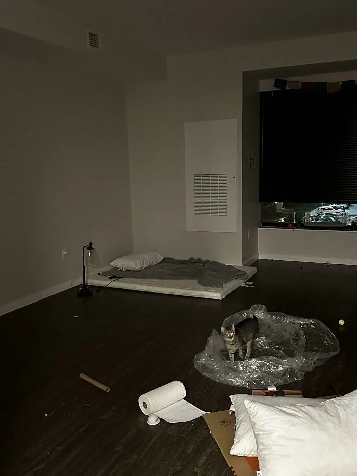 A sparse room with a mattress on the floor, reflecting an unusual interior design decision.