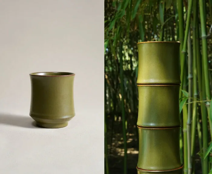 Stackable green ceramic mugs designed to look like a bamboo stalk, a satisfying and clever design.