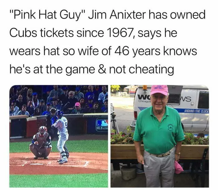 Interesting ideas pink hat guy at a Cubs game to show his wife he is there