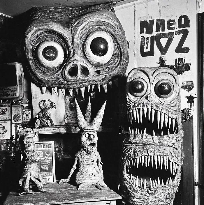 Scary monster sculptures showcasing unusual interior design decisions in a black and white room.