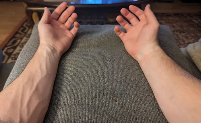 Human anatomy photo showing two forearms and hands resting on a cushion