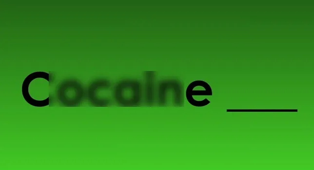 The word Cocaine followed by a blank line on a green gradient background for a famous movie titles trivia game.