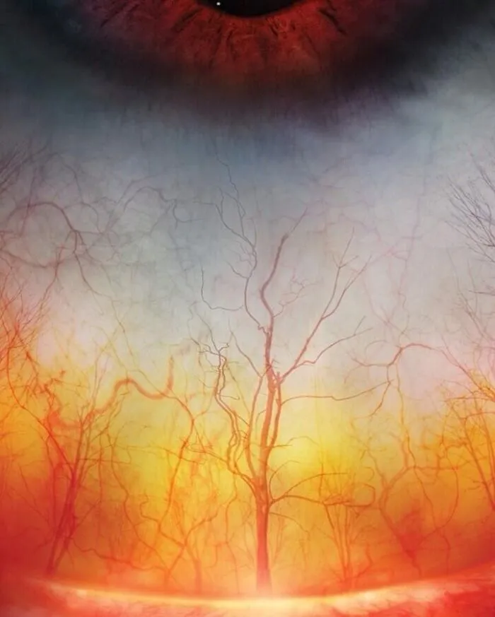 Macro close-up photo of human anatomy showing eye blood vessels resembling a forest of bare trees.