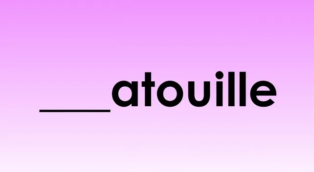 A fill-in-the-blank game on a pink gradient background showing blank space and atouille for famous movie titles.