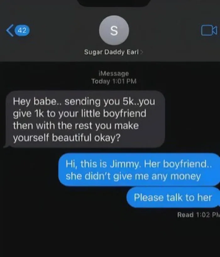 A chat screenshot of funnier comments on a sugar daddy text message.