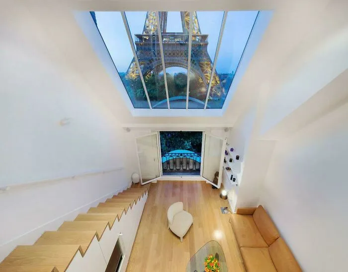 Skylight directly facing the Eiffel Tower, showing unique interior design decisions.